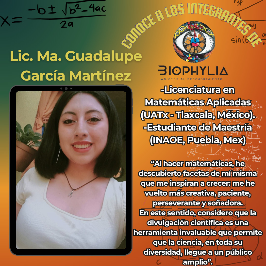 Conoce a Lupiz, la matemática de la comunidad de Biophylia 📏📐.

Te presentamos un poco de su perfil, y las razones por las cuales ama las #matemáticas y a través de la dovulgación científica, invita a todos a perderle el miedo a ellas.