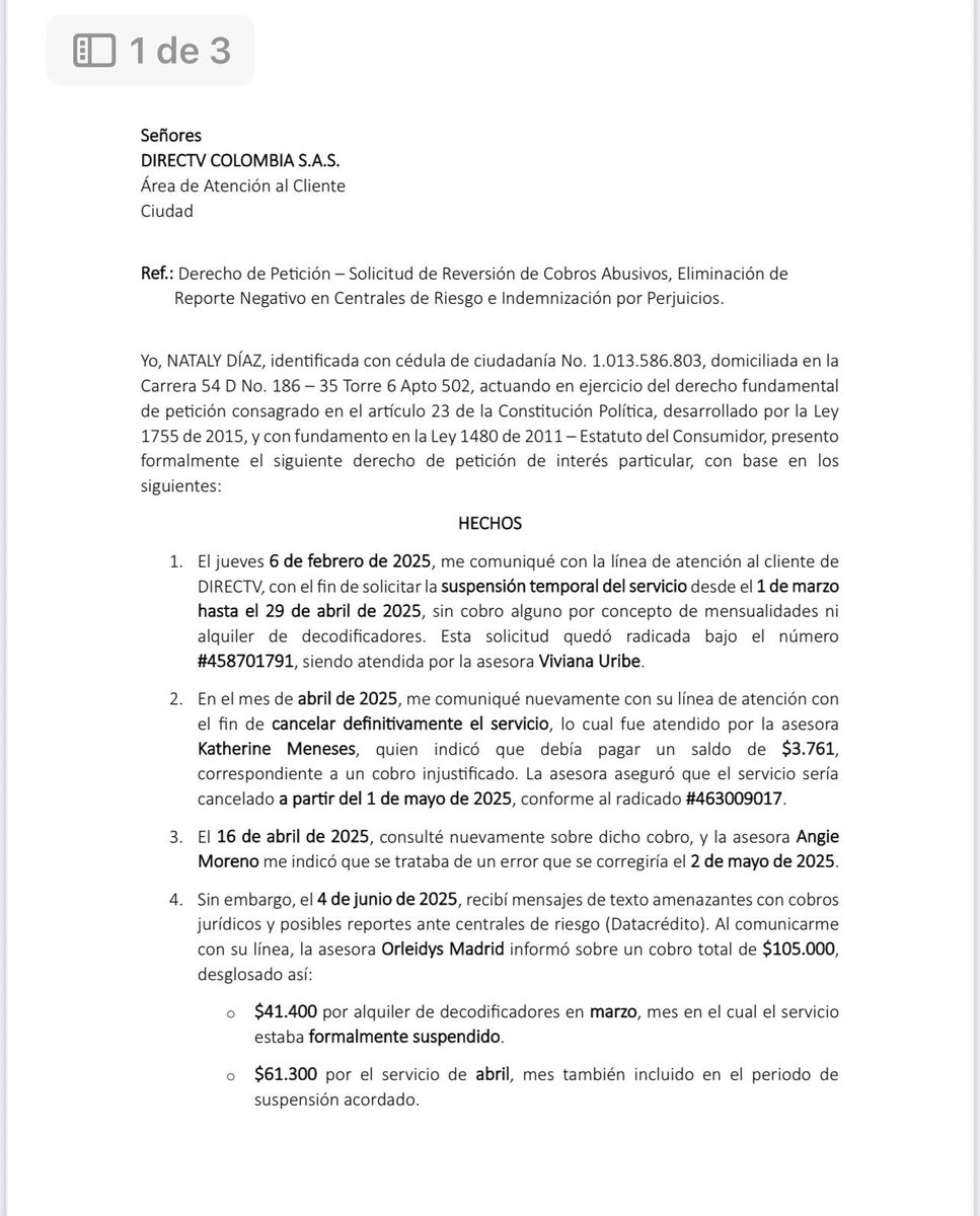 NatalyDiaz92012's tweet photo. @DIRECTVServicio como sus canales de atención al cliente son totalmente nefastos, diseñados para que el usuario no se pueda quejar, sobre todo con temas de cancelación y facturación, les dejo este DP, ojalá @sicsuper tome cartas en el asunto. https://t.co/NB3JtAA6bA
