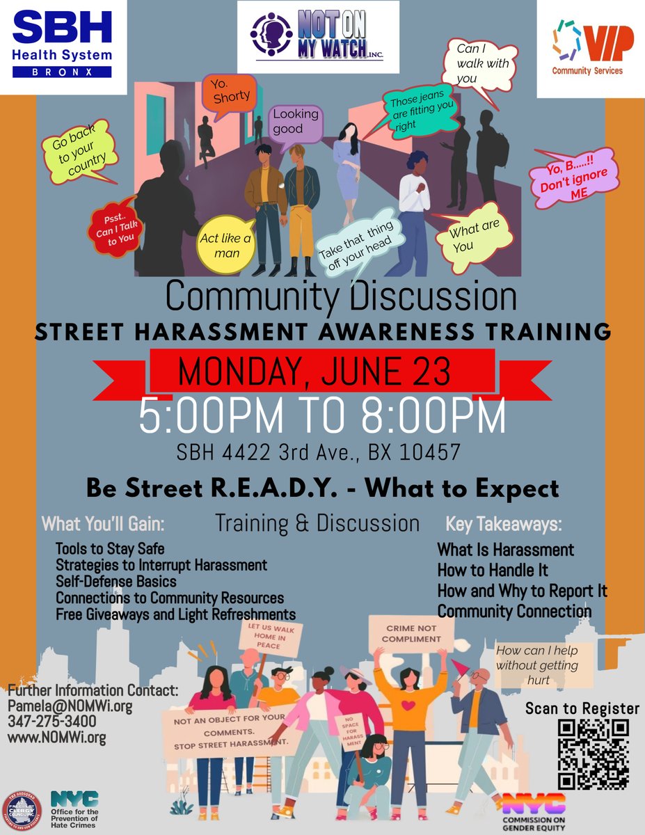VIP Community Services (@vipcservices) on Twitter photo Join us for a #StreetHarassment Awareness Training!
Mon, June 23, 2025
5–8 PM
SBH, 4422 3rd Ave, Bronx
Learn #safety tools, self-defense basics & how to report harassment.
Hosted w/ @NOMWNYC, <a href="/SBHBronx/">SBH Health System</a> , <a href="/stophatenyc/">NYC Office for the Prevention of Hate Crimes</a> & <a href="/GenderEquityNYC/">NYC Commission on Gender Equity</a> .
📩Pamela@NOMWi.org |📱347-275-3400
#Stop Join us for a #StreetHarassment Awareness Training!
Mon, June 23, 2025
5–8 PM
SBH, 4422 3rd Ave, Bronx
Learn #safety tools, self-defense basics & how to report harassment.
Hosted w/ @NOMWNYC, <a href="/SBHBronx/">SBH Health System</a> , <a href="/stophatenyc/">NYC Office for the Prevention of Hate Crimes</a> & <a href="/GenderEquityNYC/">NYC Commission on Gender Equity</a> .
📩Pamela@NOMWi.org |📱347-275-3400
#Stop
