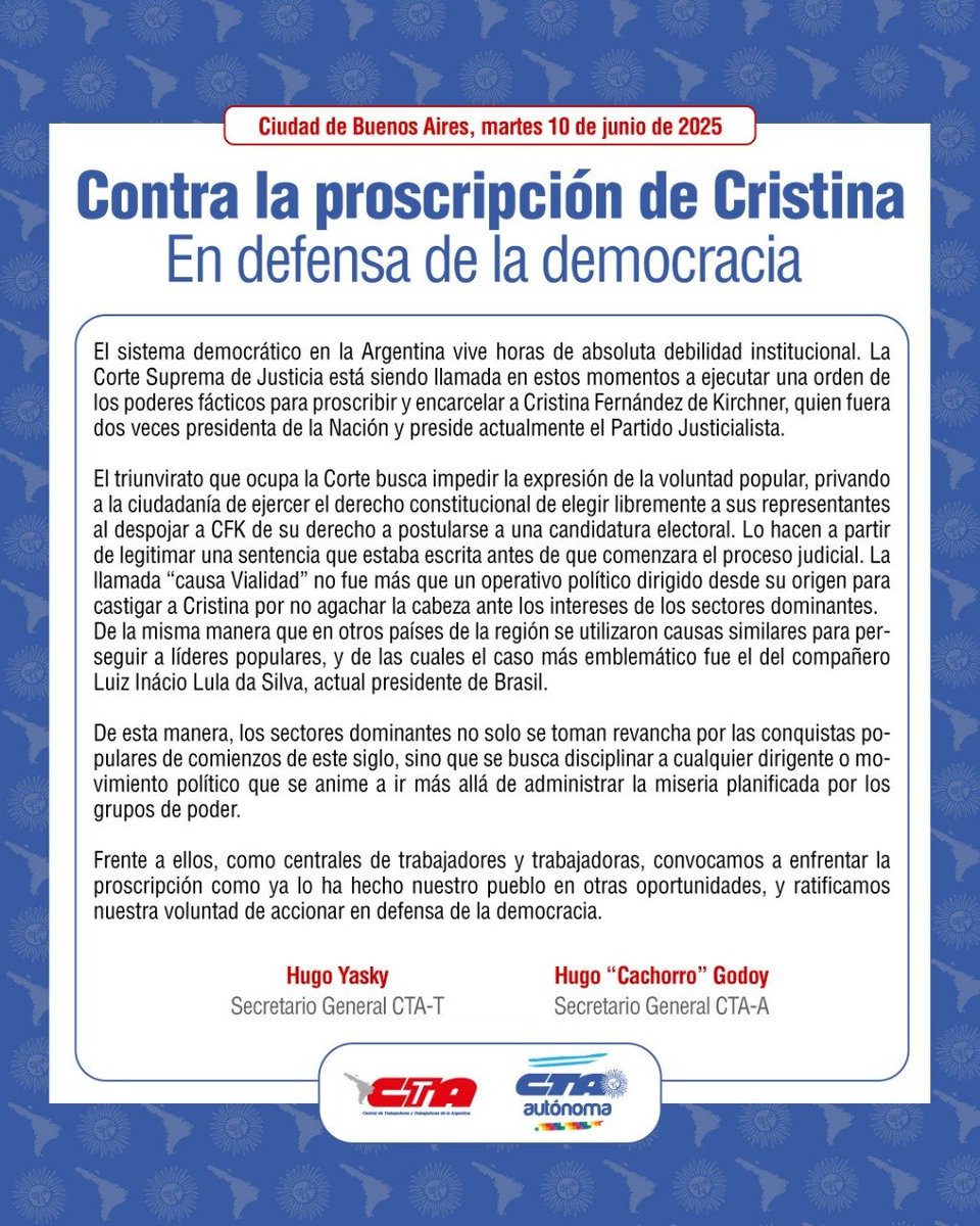 📢 EN DEFENSA DE LA DEMOCRACIA: Contra la proscripción de Cristina