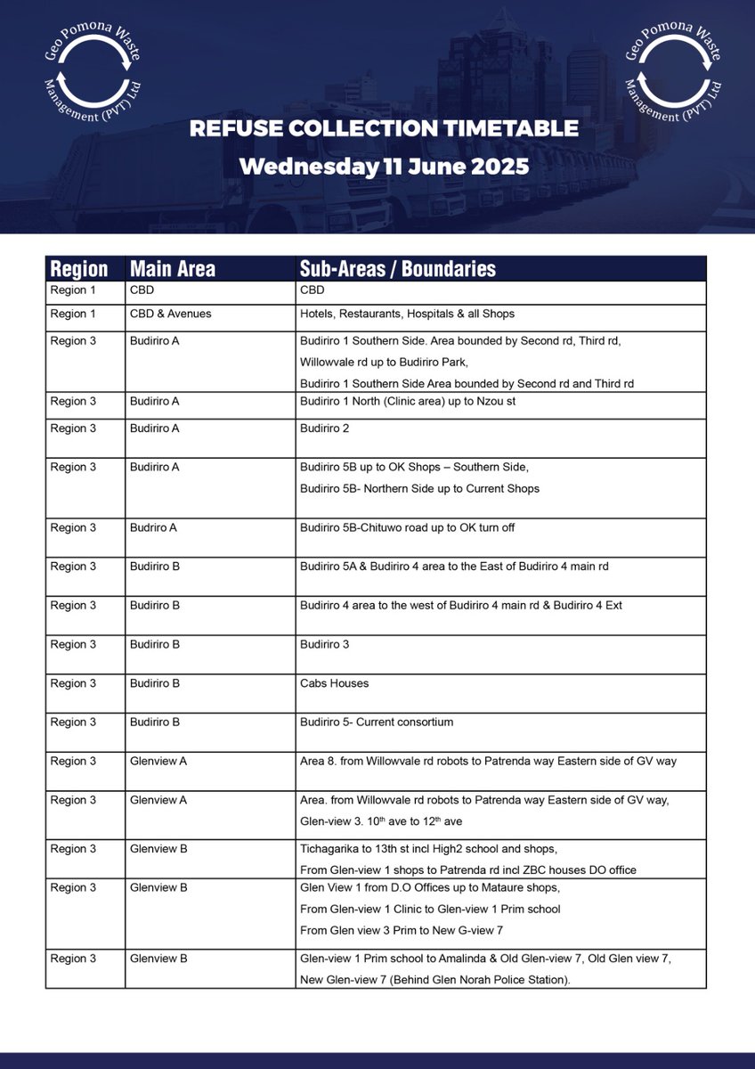 Wednesday 11 June Waste Collection Schedule.