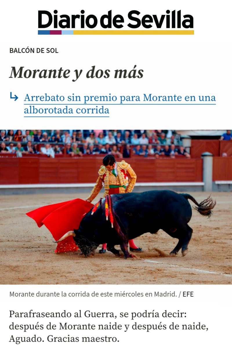 "Parafraseado al Guerra, se podría decir: después de Morante naide y despues de naide, Aguado."

José García-Carranza, "Balcón de Sol". <a href="/diariosevilla/">Diario de Sevilla</a>