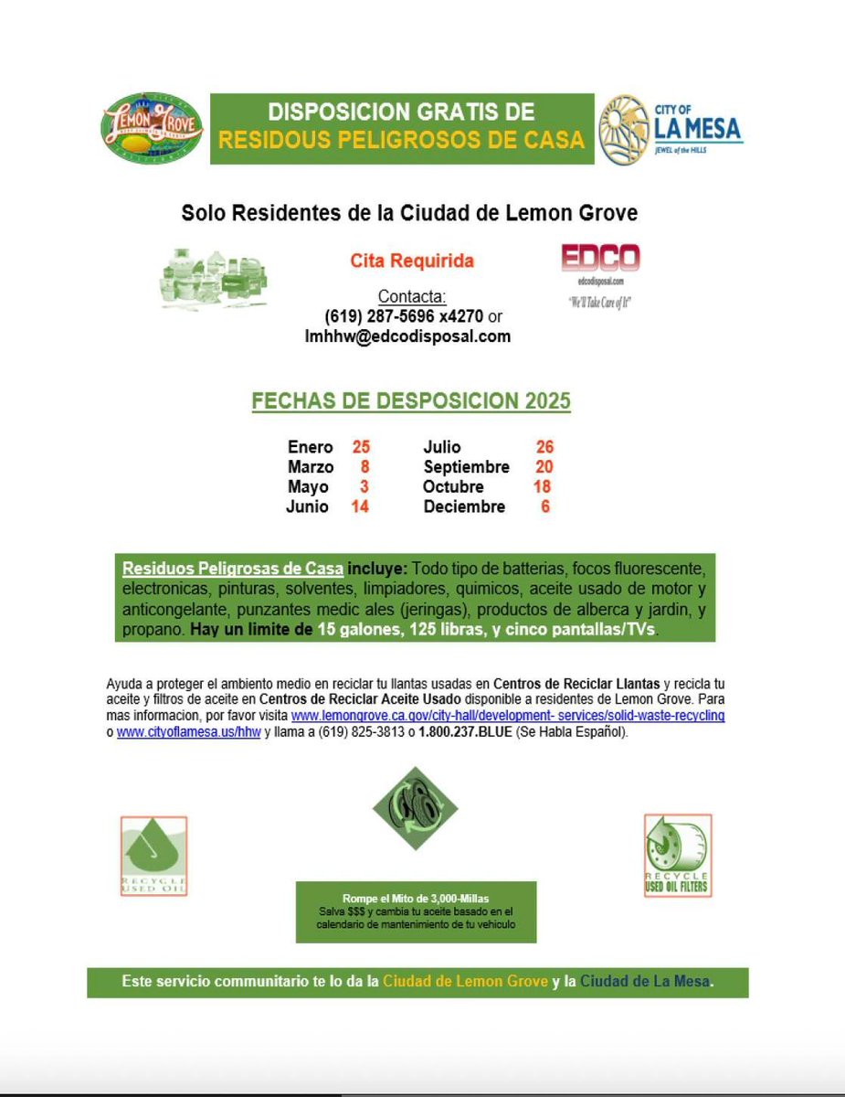 🍋 Household Hazardous Waste Disposal Dates
The City of Lemon Grove, in partnership with EDCO Disposal, is offering free disposal of Household Hazardous Waste (HHW) to  Lemon Grove Residents.

Please refer to the flyer for more disposal dates available in 2025.

#cityoflemongrove