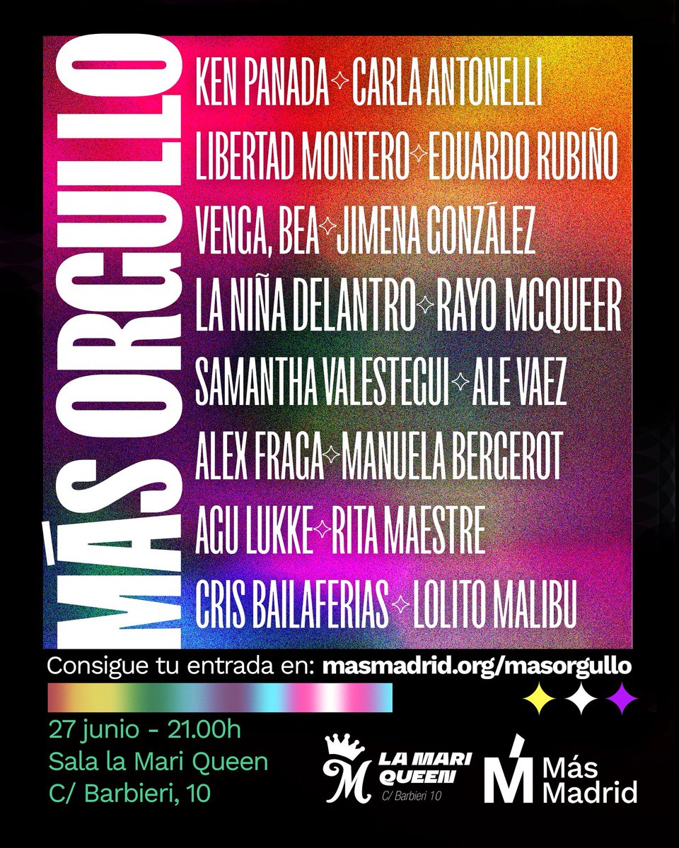 Más Madrid | LGTBIQ+ 🏳️🌈🏳️⚧️ (@masmadridlgtbiq) on Twitter photo 🏳️🌈🏳️⚧️ 𝐏𝐨𝐫 𝟓º 𝐚𝐧̃𝐨 𝐜𝐨𝐧𝐬𝐞𝐜𝐮𝐭𝐢𝐯𝐨 𝐜𝐞𝐥𝐞𝐛𝐫𝐚𝐦𝐨𝐬 𝐥𝐚 𝐧𝐨𝐜𝐡𝐞 𝐜𝐨𝐧 ‘𝐌𝐚́𝐬 𝐎𝐫𝐠𝐮𝐥𝐥𝐨’
Viernes, 27 junio, a las 21:00, en La Mari Queen (C/ Barbieri, 10 - Chueca)
🎟️‼️Consigue tus entradas en:
masmadrid.org/masorgullo 🏳️🌈🏳️⚧️ 𝐏𝐨𝐫 𝟓º 𝐚𝐧̃𝐨 𝐜𝐨𝐧𝐬𝐞𝐜𝐮𝐭𝐢𝐯𝐨 𝐜𝐞𝐥𝐞𝐛𝐫𝐚𝐦𝐨𝐬 𝐥𝐚 𝐧𝐨𝐜𝐡𝐞 𝐜𝐨𝐧 ‘𝐌𝐚́𝐬 𝐎𝐫𝐠𝐮𝐥𝐥𝐨’
Viernes, 27 junio, a las 21:00, en La Mari Queen (C/ Barbieri, 10 - Chueca)
🎟️‼️Consigue tus entradas en:
masmadrid.org/masorgullo