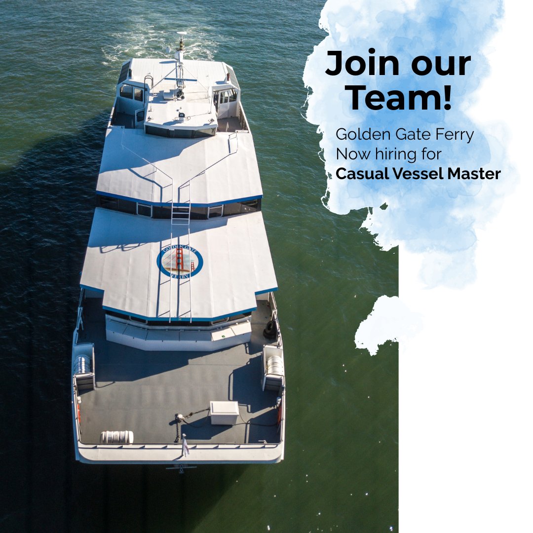 Join our team! Golden Gate Ferry has an exciting career opportunity for Casual Vessel Master. Job requirements, pay scale, benefits &amp; more: ow.ly/BYOE50W7hfT
Don't miss out on employment opportunities at the District! 
 #GoldenGateFerry #VesselMaster #MaritimeJobs