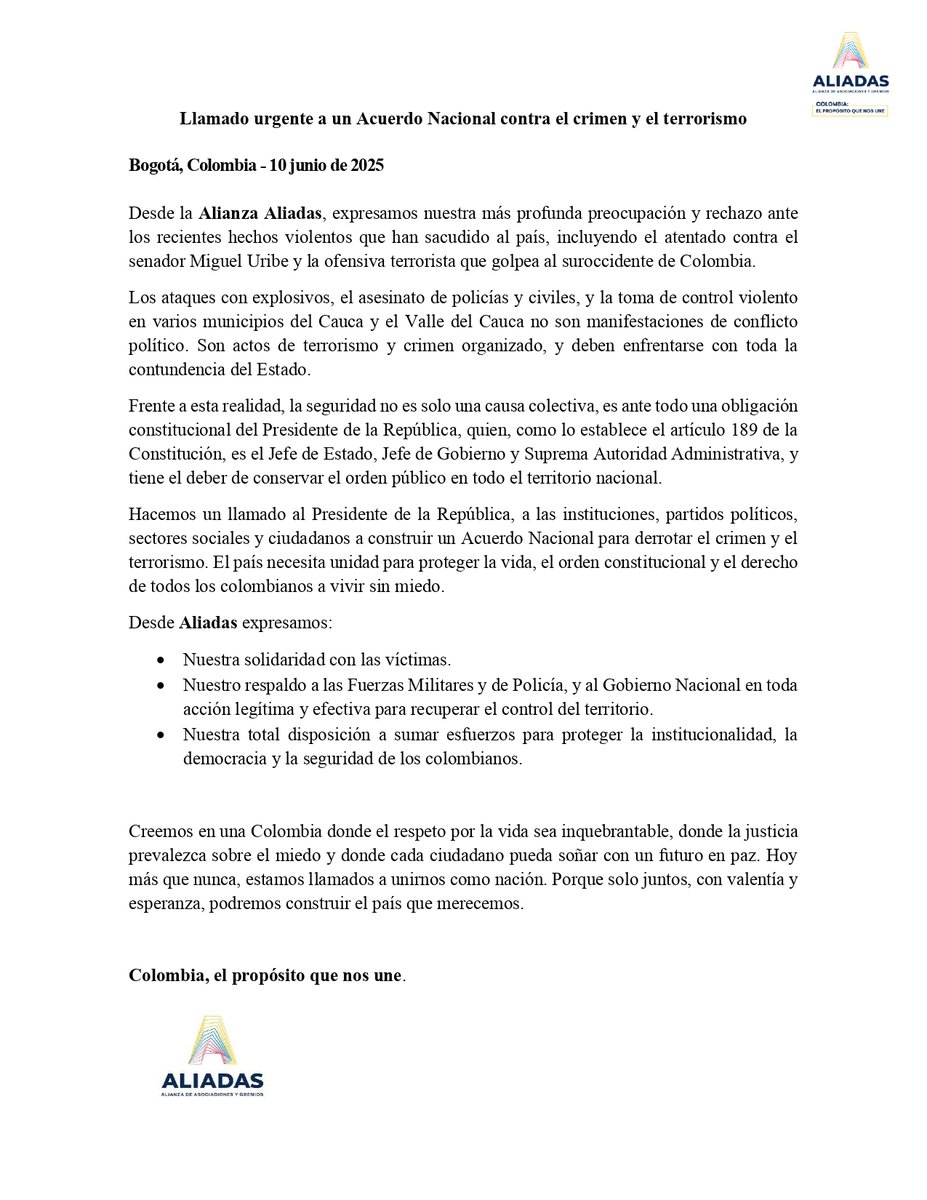 AliadasAlianza's tweet image. Comunicado a la opinión pública. 🚨
Desde #AlianzaAliadas rechazamos los actos de violencia registrados el día de hoy en Cauca y Valle del Cauca, incluyendo el atentado contra Miguel Uribe, el fin de semana. Hacemos un llamado al gobierno, partidos políticos y sectores sociales a…