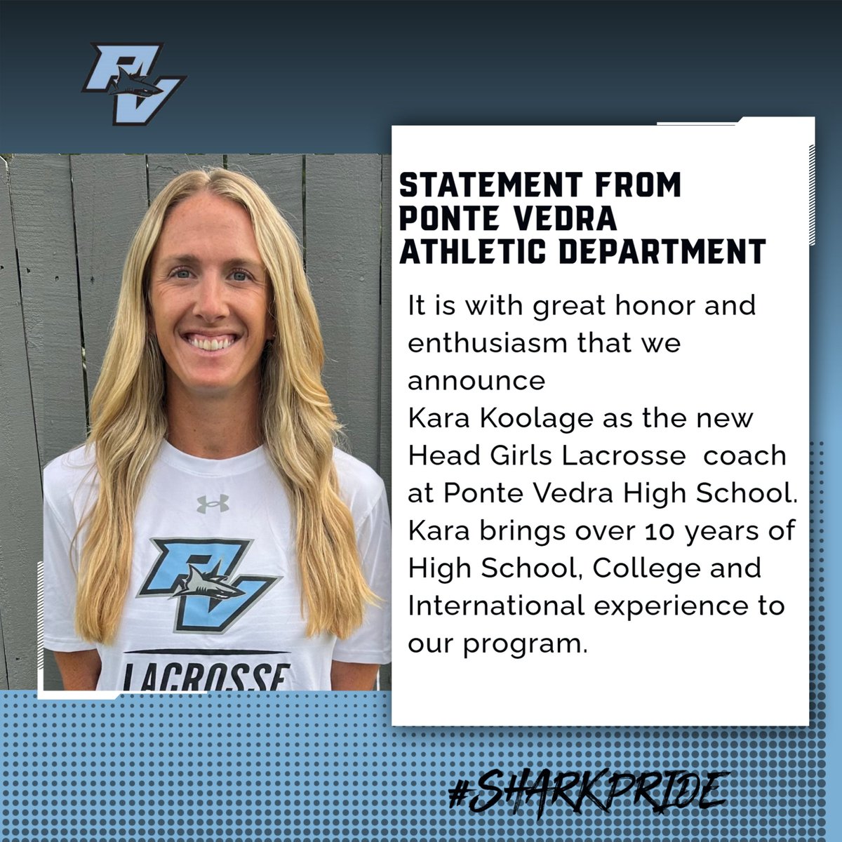 We're thrilled to welcome Kara Koolage as the New Head Coach of Ponte Vedra High School Girls Lacrosse! With a passion for developing athletes and a love for growing the game, Kara brings championship experience and deep-rooted dedication to the Ponte Vedra community.
