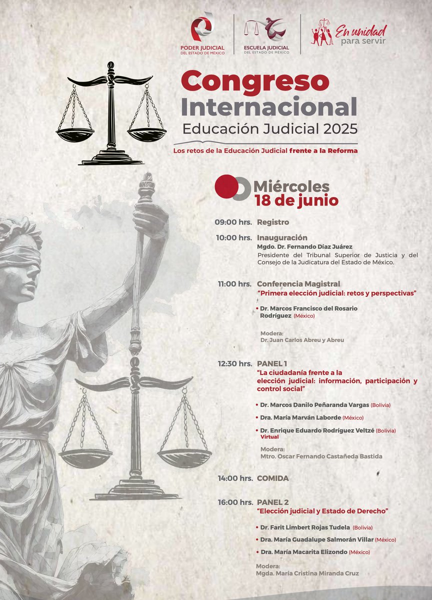 Todo listo para el Congreso Internacional de Educación Judicial 2025. Compartimos el programa del primer día.

Se parte de este magno evento e inscríbete aquí: siejem.pjedomex.gob.mx/siejem/View/mi…

#EscuelaJudicialCapacitarParaServir #EnseñamosLaJusticia #EnUnidadParaServir