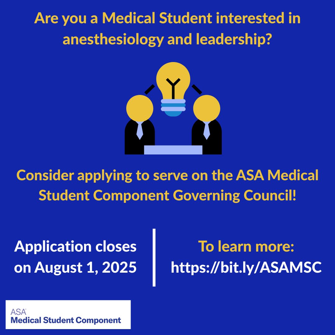 ASA® (@asalifeline) on Twitter photo ASA's Medical Student Component is the leading voice for our student members! If you are working toward matching into anesthesiology, consider submitting an application package. Learn more and apply today: ow.ly/wgAV50W0Shb
#MSCGC #anesthesiology #anesthesiologist ASA's Medical Student Component is the leading voice for our student members! If you are working toward matching into anesthesiology, consider submitting an application package. Learn more and apply today: ow.ly/wgAV50W0Shb
#MSCGC #anesthesiology #anesthesiologist