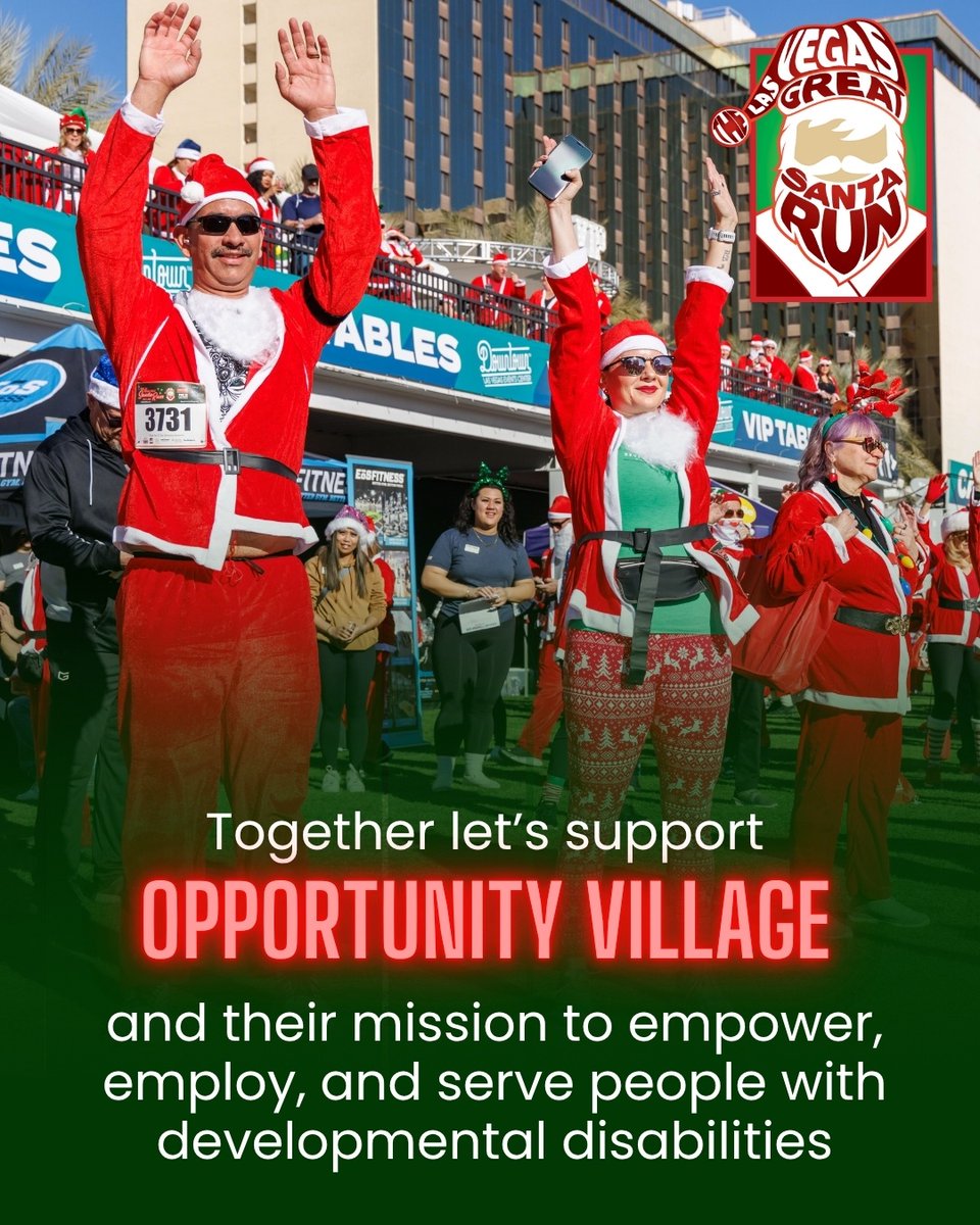 Don't miss out on early bird registration for the 2025 Las Vegas Great Santa Run!

Register today at l8r.it/DvfV and support Opportunity Village and its mission to empower, employ, and serve people with developmental disabilities!