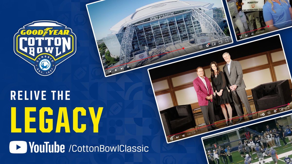 Goodyear Cotton Bowl Classic (@cottonbowlgame) on Twitter photo Relive memorable moments.
Relive the legacy of the #GoodyearCottonBowl Classic & Cotton Bowl Foundation at:
YouTube.com/CottonBowlClas…
#LikeNoOther Relive memorable moments.
Relive the legacy of the #GoodyearCottonBowl Classic & Cotton Bowl Foundation at:
YouTube.com/CottonBowlClas…
#LikeNoOther