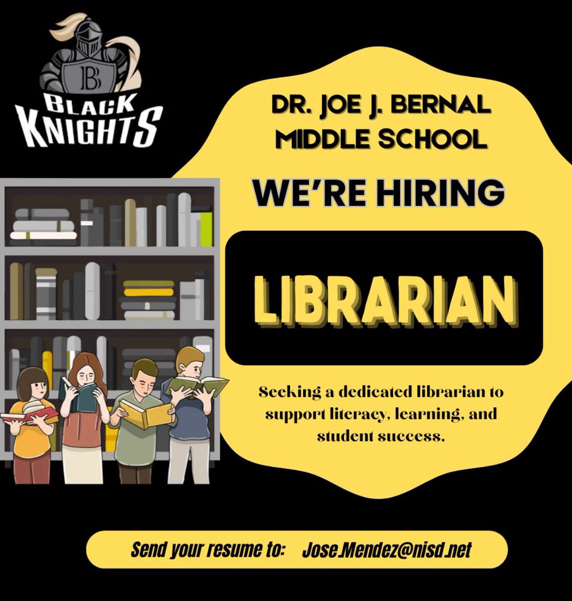 Jose Mendez (@jmendez_81) on Twitter photo Come join our team! <a href="/NISDBernal/">Dr. Joe J. Bernal Middle School</a> is looking for a dedicated librarian who is committed to taking our school library to the next level! Come join our team! <a href="/NISDBernal/">Dr. Joe J. Bernal Middle School</a> is looking for a dedicated librarian who is committed to taking our school library to the next level!
