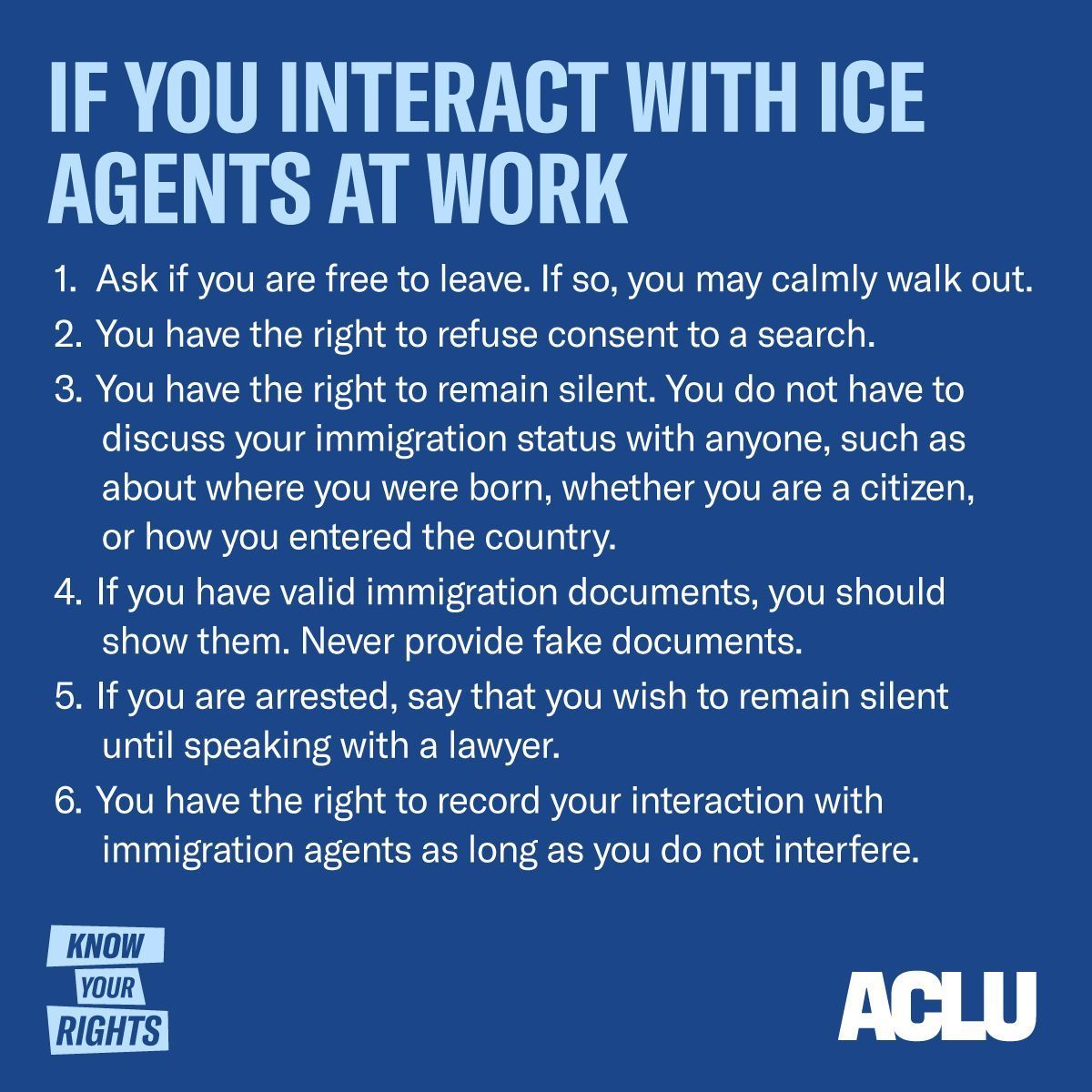 ALL immigrants, including undocumented residents have RIGHTS
Please KNOW YOUR RIGHTS and help share these @ACLU_nationwide resources with others. in your community
It's possible that your rights may be violated by those agents so document your interactions
aclu.org/know-your-righ…