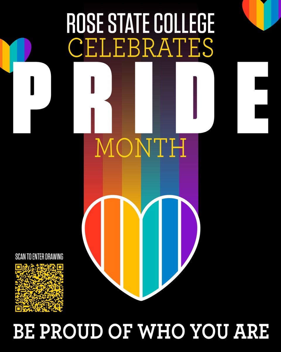 Rose State College celebrates Pride Month! Be proud of who you are. Scan the QR code to enter the drawing or click the following link ➡️ loom.ly/bi8VM3s. 

#RoseState