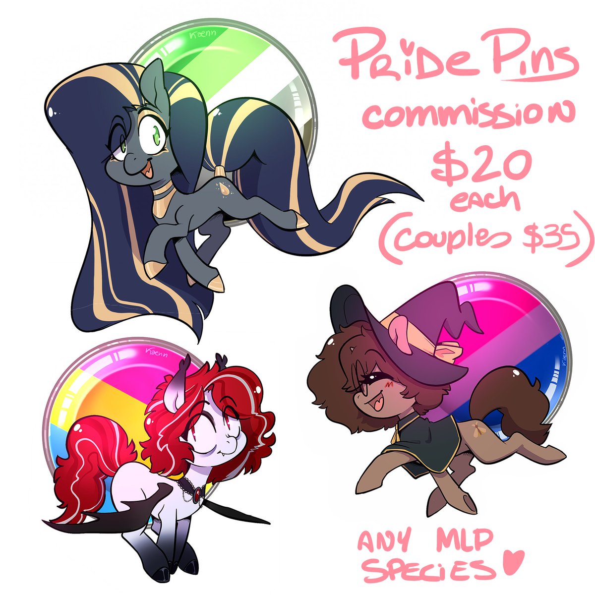 Cute pride month commissions!
-$20 each, $35 a couple (two in one piece)
-I you have 2 flags, a second pin/brooch can be added below the first one.
-Any MLP Species
-Paypal only

These are examples! not preposes. Every piece will have a unique pose! 

Featuring <a href="/Okarin_3/">Økarin (open comms)</a> 's sona