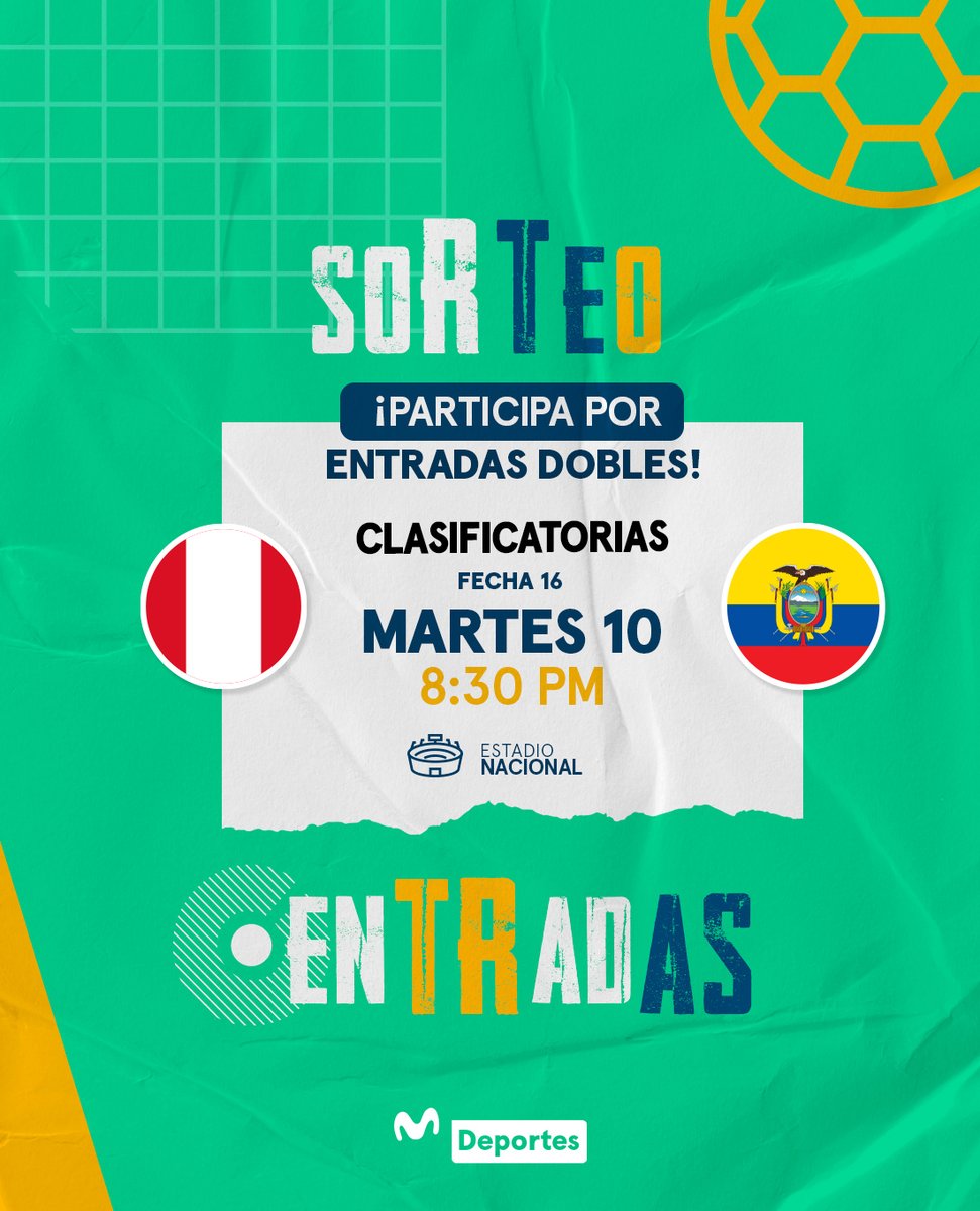 MovistarDeporPe's tweet photo. ¿𝗤𝗨𝗜𝗘𝗥𝗘𝗦 𝗚𝗔𝗡𝗔𝗥𝗧𝗘 𝗨𝗡𝗔 𝗘𝗡𝗧𝗥𝗔𝗗𝗔 𝗗𝗢𝗕𝗟𝗘 𝗣𝗔𝗥𝗔 𝗘𝗟 𝗣𝗔𝗥𝗧𝗜𝗗𝗢 𝗘𝗡𝗧𝗥𝗘 𝗣𝗘𝗥𝗨́ 𝗬 𝗘𝗖𝗨𝗔𝗗𝗢𝗥? 🇵🇪⚽🇪🇨

🎟 Sigue estos pasos para ganar y entrar al sorteo: 

1️⃣ Síguenos (@MovistarDeporPe) 
2️⃣ Repostea esta publicación.
3️⃣ Comenta esta publicación con una foto alentando a la 'Blanquirroja'.

¡Mucha suerte a todos! 🤩🙌