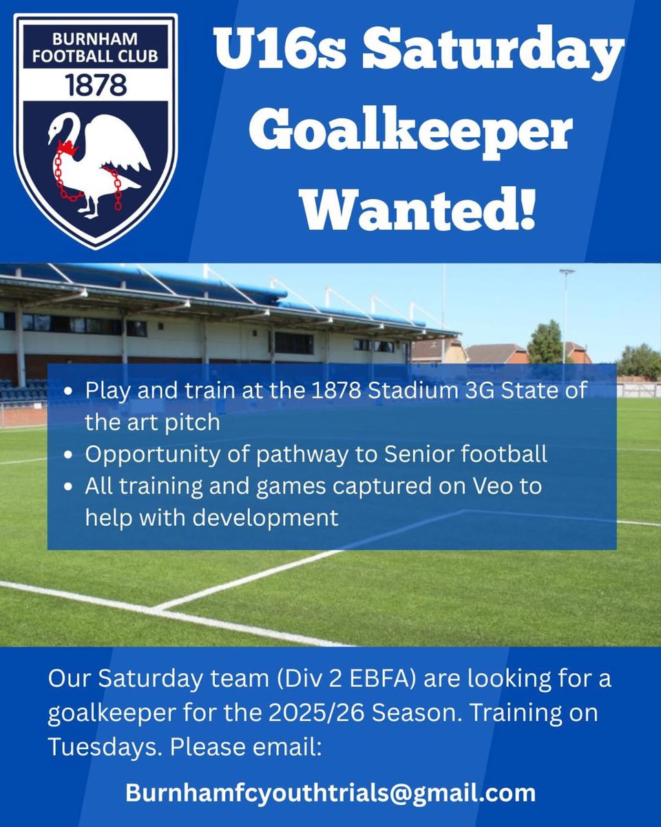 Are you or someone you know an u16 Goalkeeper and looking for a new team for the 25/26 season please see below 🥅 please share to spread the word for us! Thanks