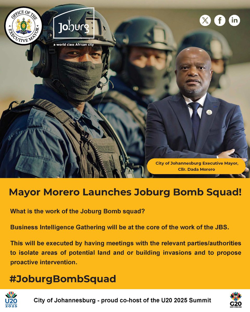 City of Joburg (@cityofjoburgza) on Twitter photo The Joburg Bomb Squad, launched by Executive Mayor <a href="/DadaMorero/">Executive Mayor of the City Of Joburg</a>, will prioritise business intelligence to identify and prevent illegal land and building occupations. This is a proactive measure for urban stability.
#JoburgBombSquad #TheJoburgWeWant #JoburgServices ^NJ The Joburg Bomb Squad, launched by Executive Mayor <a href="/DadaMorero/">Executive Mayor of the City Of Joburg</a>, will prioritise business intelligence to identify and prevent illegal land and building occupations. This is a proactive measure for urban stability.
#JoburgBombSquad #TheJoburgWeWant #JoburgServices ^NJ