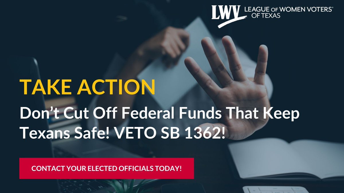 LWVTexas's tweet image. 🚨ACTION ALERT!!!🚨 SB 1362, the so-called “Anti-Red Flag Act” prohibits Texas law enforcement from accepting federal grant funds that support efforts to prevent gun violence. Contact Governor Abbott and urge him to VETO SB 1596! 

Take action here: lwvtexas.org/take-action