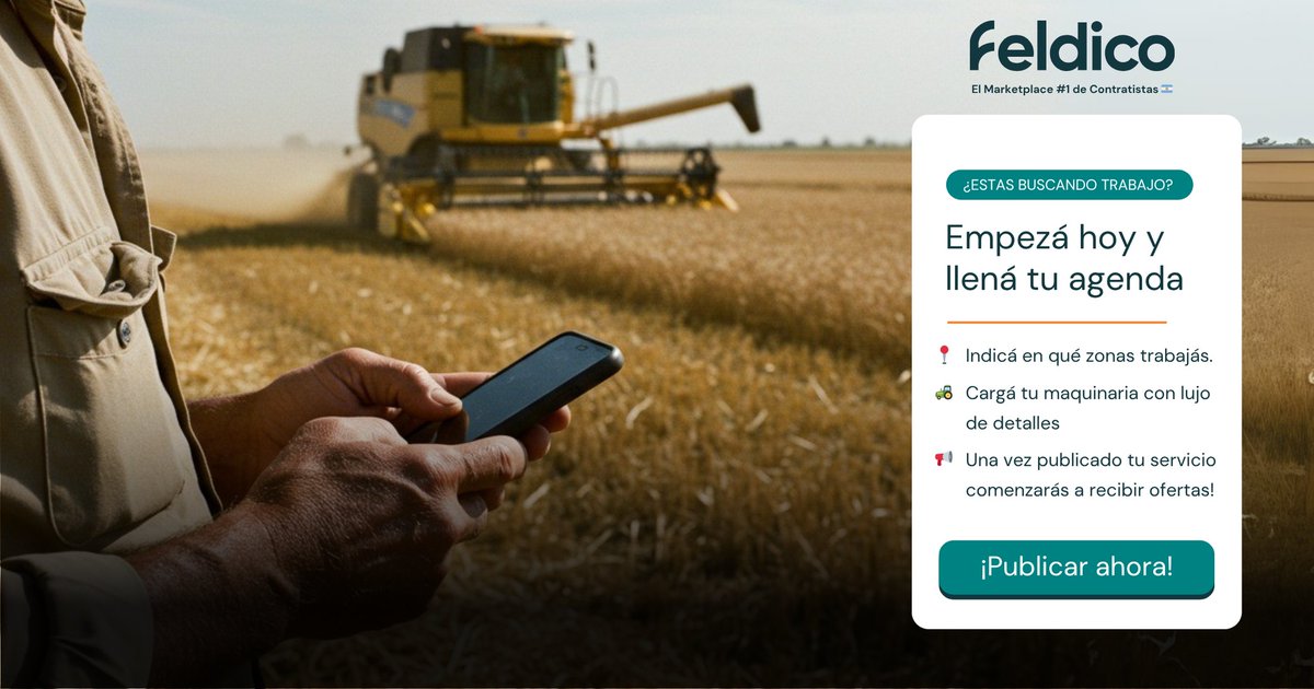 feldico's tweet image. ¿Sos Contratista? No dejes de publicar tus servicios de cosecha y siembra en feldico.com/publicar

- Indicá en qué zonas trabajás.
- Cargá tu maquinaria con lujo de detalles
- Una vez publicado tu servicio comenzarás a recibir ofertas!

¡Publicar ahora!
#agro #campo