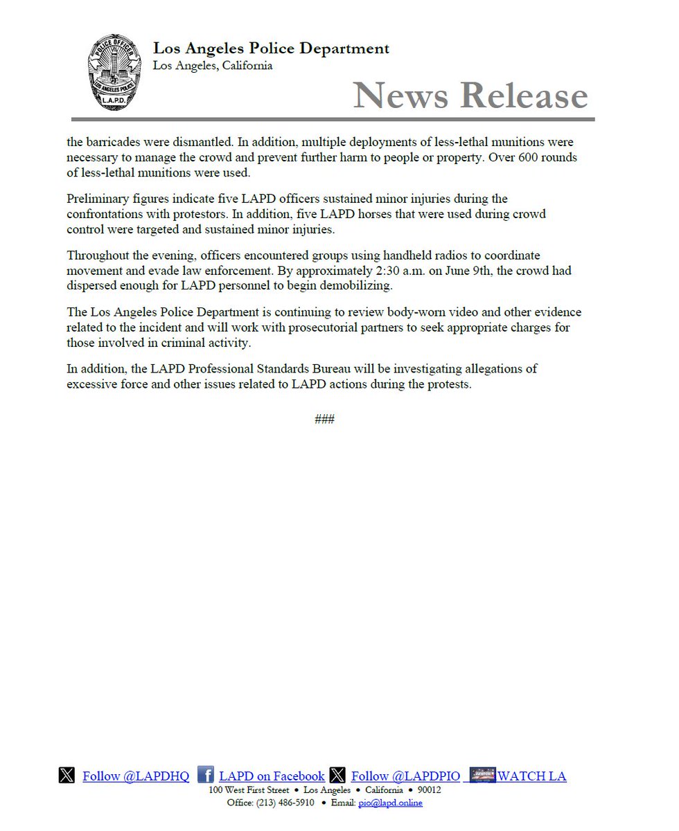 LAPD News: LAPD Releases Information Related to Recent Protests