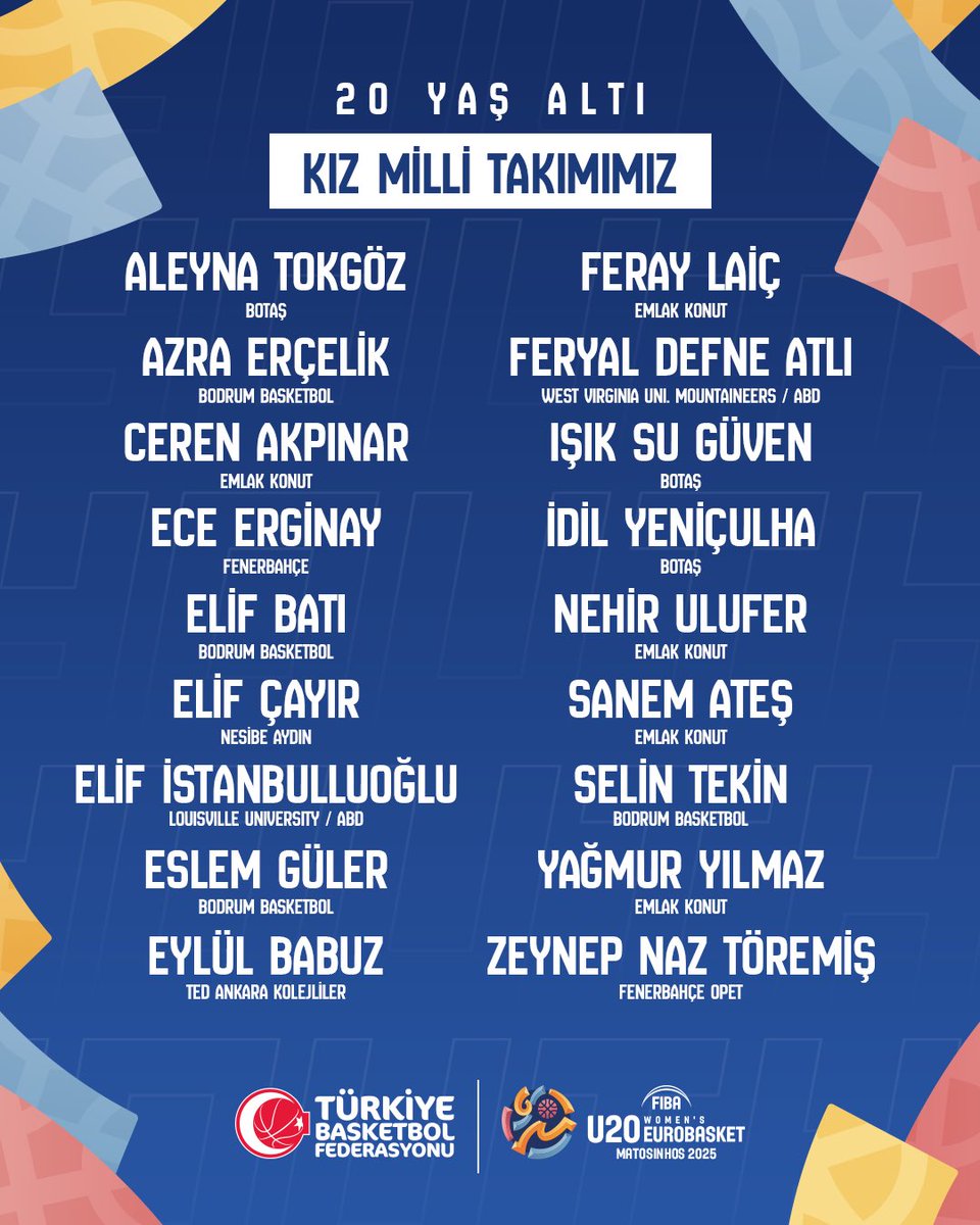 02-10 Ağustos 2025 tarihleri arasında Portekiz’in Matosinhos kenti ev sahipliğinde düzenlenecek olan FIBA 20 Yaş Altı Kızlar Avrupa Şampiyonası’na hazırlanan Milli Takımımız, 23 Haziran 2025 tarihinde İstanbul’da kampa girerek çalışmalarına başlayacak.

#BizBirlikteyiz