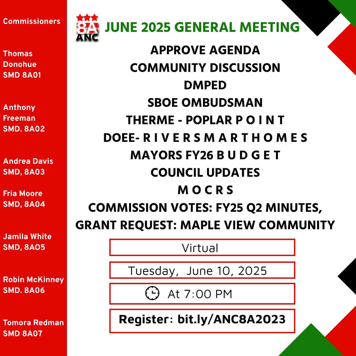 ANC 8A meeting tonight! Peace beloveds! 

Register here bit.ly/ANC8A2023