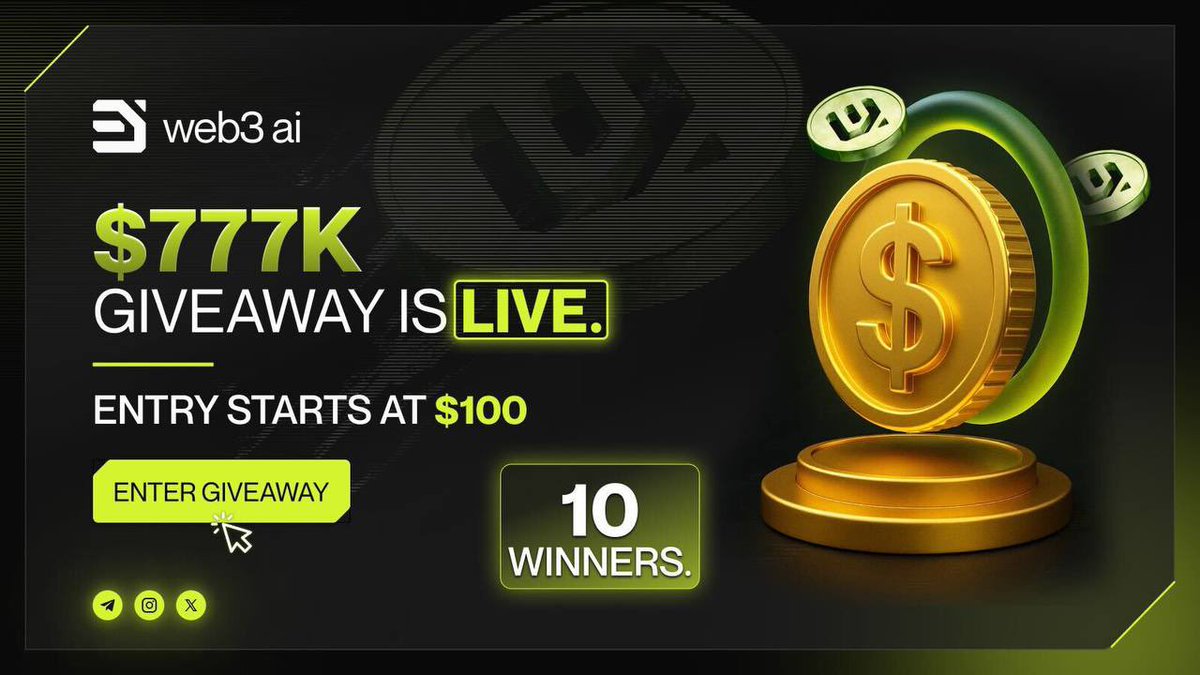 ￼ Web3 AI Launches $777K Giveaway! ￼

￼ Total Prize Pool: $777,000
￼ Winners: 10 lucky participants
￼ Minimum Entry: $100

￼Enter Now: web3ai.com/giveaway

Don't miss your chance 

Web: web3ai.com
Telegram: t.me/Web3Ai_Token