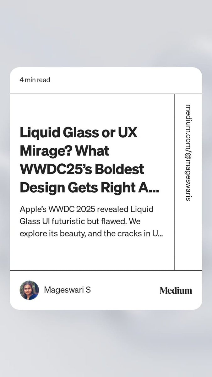 Read “Liquid Glass or UX Mirage? What WWDC25’s Boldest Design Gets Right And Worryingly Wrong“ by Mageswari S on Medium: medium.com/@mageswaris/li…
#WWDC25  #AppleEvent  #liquiddesign  #glassmorphism