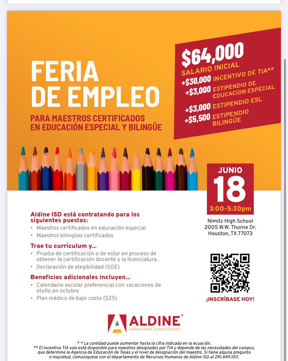 HarrisElem_Aisd (@harrises_aisd) on Twitter photo 📢 We're hiring for Bilingual Teachers!
Join us for Aldine's Special Education & Bilingual Job Fair
📅 June 18 | 🕒 3–5:30 PM
📍 Nimitz High School
Meet our team, explore career opportunities & make an impact!
<a href="/norman_dionisio/">Norman Dionisio</a> <a href="/KCtheAP/">Mrs. K'Nara Coleman, M.Ed</a> 📢 We're hiring for Bilingual Teachers!
Join us for Aldine's Special Education & Bilingual Job Fair
📅 June 18 | 🕒 3–5:30 PM
📍 Nimitz High School
Meet our team, explore career opportunities & make an impact!
<a href="/norman_dionisio/">Norman Dionisio</a> <a href="/KCtheAP/">Mrs. K'Nara Coleman, M.Ed</a>