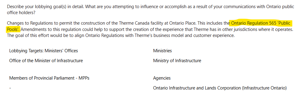 #ONpoli 

Therme recently registered to lobby for changes to provincial regulations around public pools. Regulation 565 covers water quality, lifeguards, and safety.

Gotta wonder what they are pushing to change?
