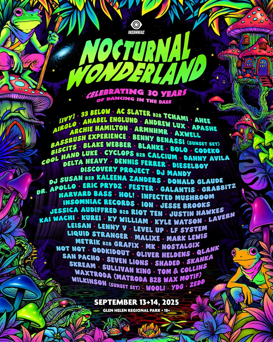 NocturnalWland's tweet photo. Your #NocturnalWonderland lineup is HERE! 🤩 Tickets On Sale this Friday at 12PM PT. Secure your passes to our enchanting world for a $9.99 deposit! 🦉 

Join us as we celebrate of 30 Years of Dancing in the Dark this Sept. 13+14 at Glen Helen Regional Park!🌙 https://t.co/TkWsBSkSRG