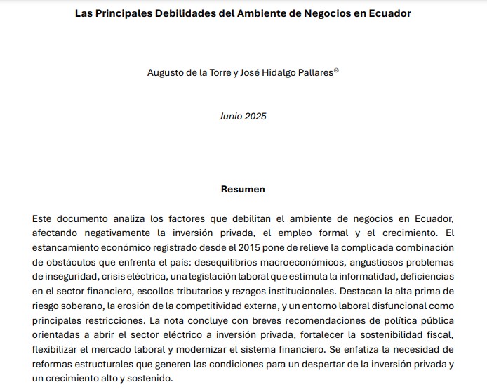 El mal desempeño de la economía ecuatoriana en los últimos años responde en gran medida a una insuficiente inversión privada. Compartimos un estudio de Augusto de la Torre y José Hidalgo sobre los factores que afectan al ambiente de negocios en el país: cordes.org/publicacion/De…