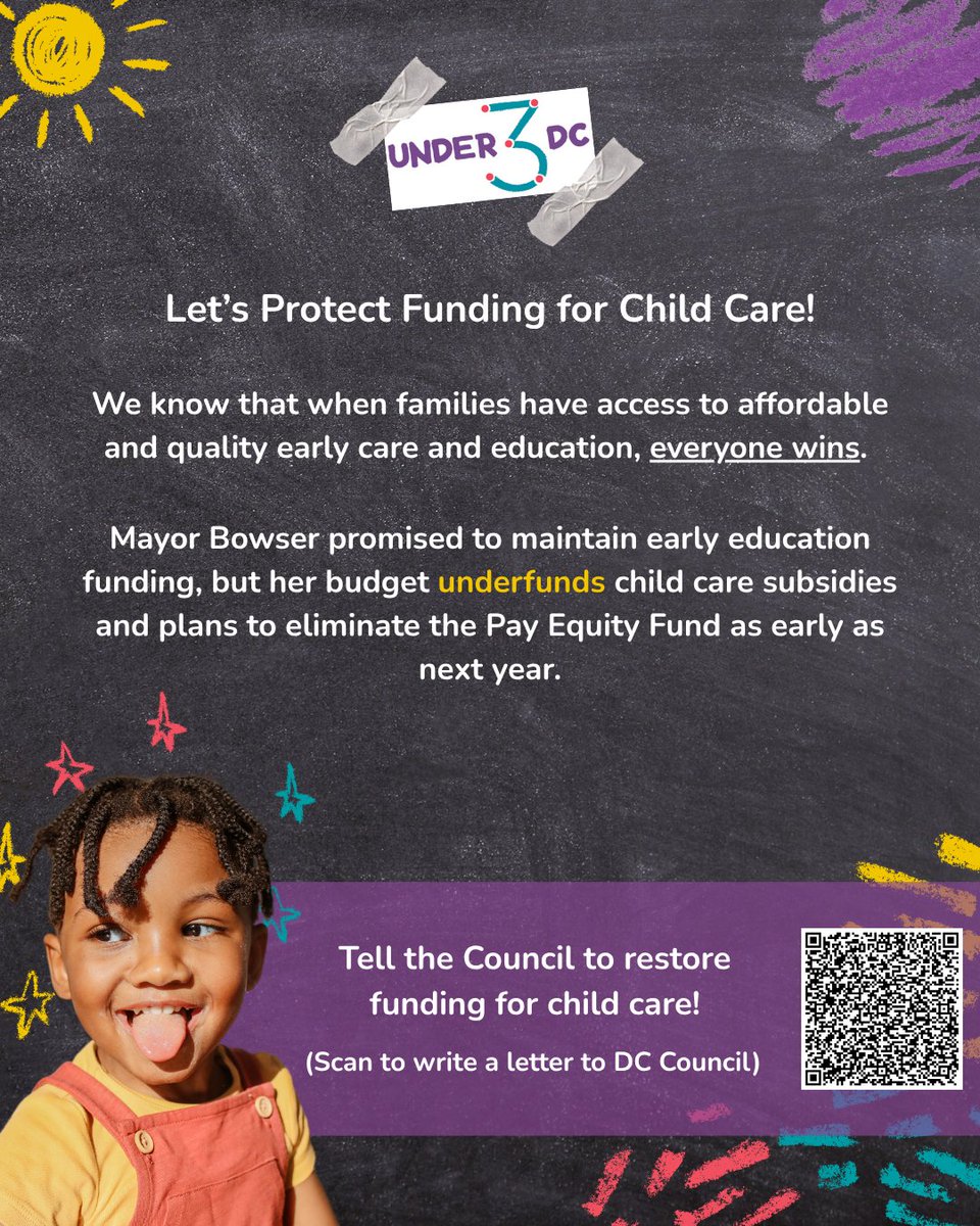 Under3DC's tweet image. Despite Mayor Bowser’s promise to maintain early education funding, her proposed budget falls short. Child Care Subsidies won’t meet current family needs and the Pay Equity Fund is set to be eliminated entirely next year. This is unacceptable. Affordable, high-quality child care…
