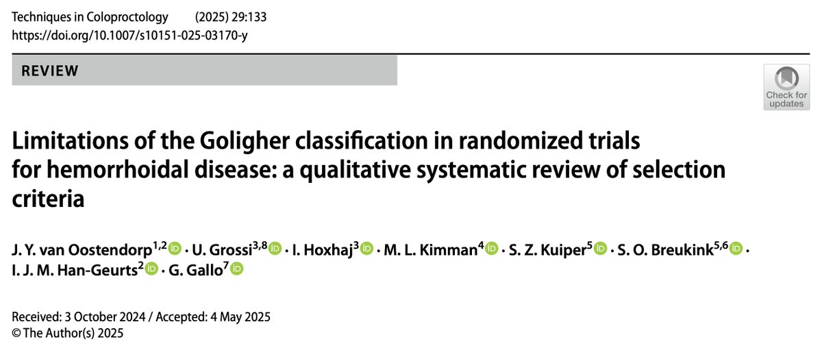 🚨 162 RCTs on hemorrhoidal disease (1980-2023).
🔍 86% used the Goligher — often vaguely &amp; inconsistently.
⚠️ Goligher ignores🩸, 🔥, QoL, ext. comp…
How can we still randomize wildly diff. patients to diff. treatments based on such a blunt tool?
🧵🔓👉 doi.org/10.1007/s10151…
