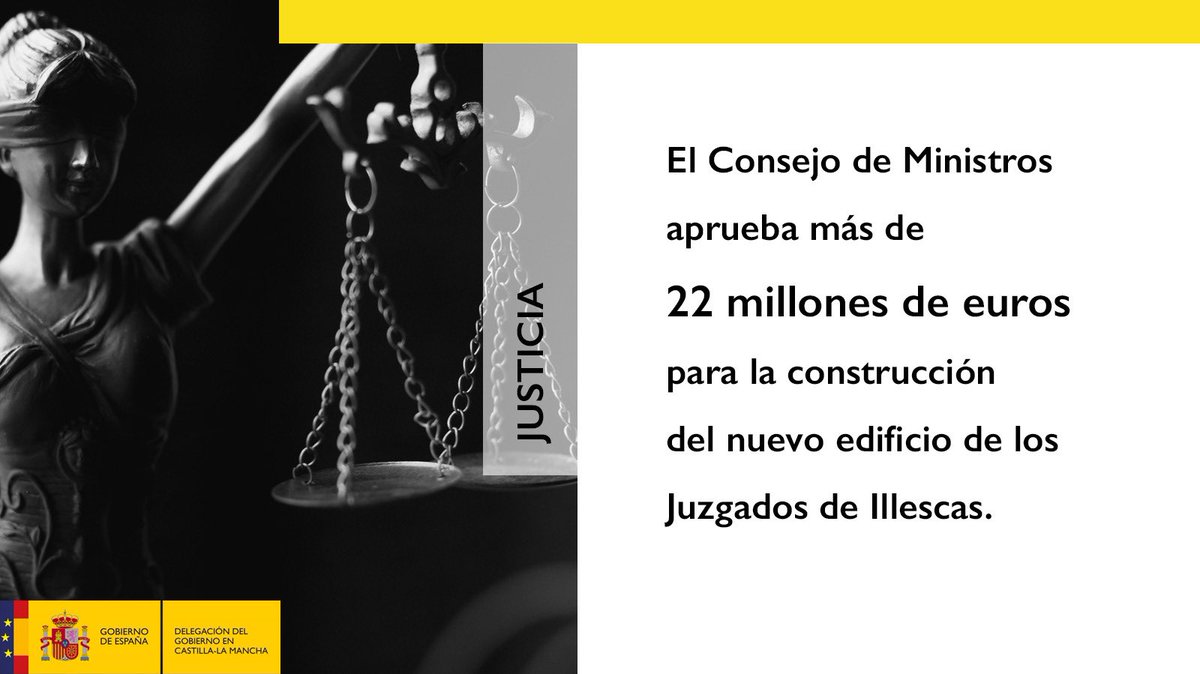 Hoy el Consejo de Ministros aprueba para nuestra región:
 
🏛 22 M€ para los Juzgados de Illescas

 🛣 18 M€ para la A-4 

✅ Ayudas DANA

👩🏻‍🌾 1,2 M€ ayudas agrícolas

El Gobierno de España sigue cumpliendo con Castilla-La Mancha. 
Avanzamos.
#CMin
