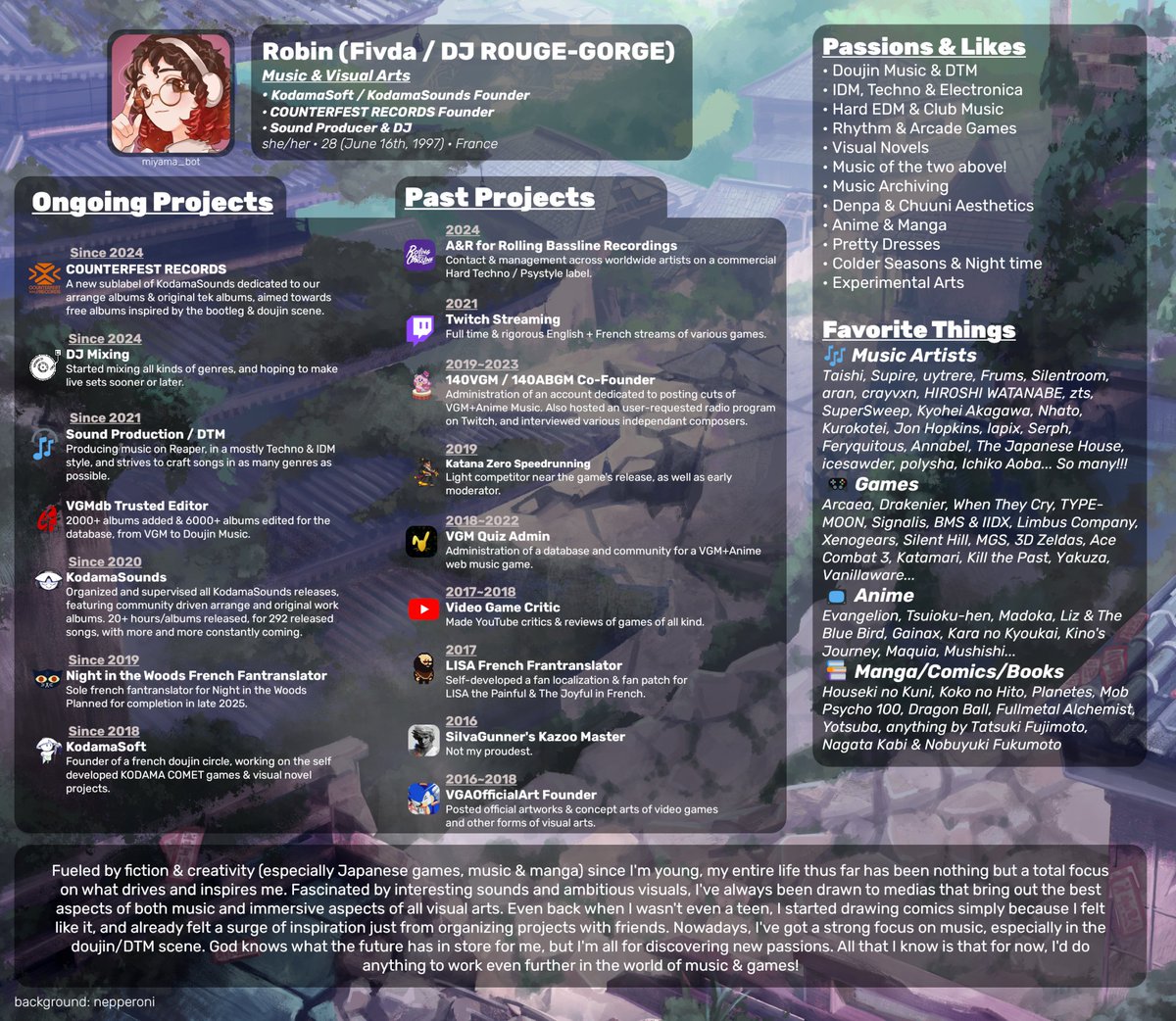 Fivda_'s tweet image. Hi! I&apos;m Robin, and I like music a big lot :)

KodamaSoft / KodamaSounds Server: discord.com/invite/9ZmHv3r
Contact: fivdaaurion(at)gmail(dot)com
Discord: Fivda
Linktree: linktr.ee/fivda

(2025 update!)