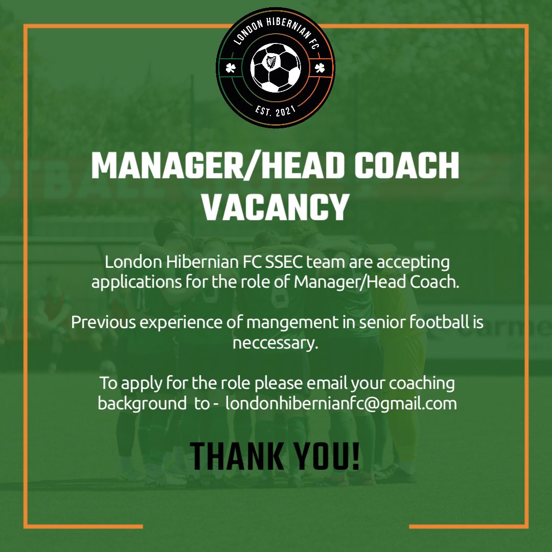 London Hibernian FC ๐ฎ๐ช (@londonhibernian) on Twitter photo ๐ฃ London Hibernian FC seek experienced manager for our SSEC menโs team
โ
11-a-side experience
๐
Wed training & Sat matches
๐ Strong squad (Cup winners, league runners-up) in SSEC Intermediate Div. 1
๐ Earlsfield, 3G pitch
๐ฉ DM or email to apply <a href="/FreeAgentsFC/">Free Agent Showcase</a> <a href="/Player1stUK/">Players 1st UK</a> ๐ฃ London Hibernian FC seek experienced manager for our SSEC menโs team
โ
11-a-side experience
๐
Wed training & Sat matches
๐ Strong squad (Cup winners, league runners-up) in SSEC Intermediate Div. 1
๐ Earlsfield, 3G pitch
๐ฉ DM or email to apply <a href="/FreeAgentsFC/">Free Agent Showcase</a> <a href="/Player1stUK/">Players 1st UK</a>