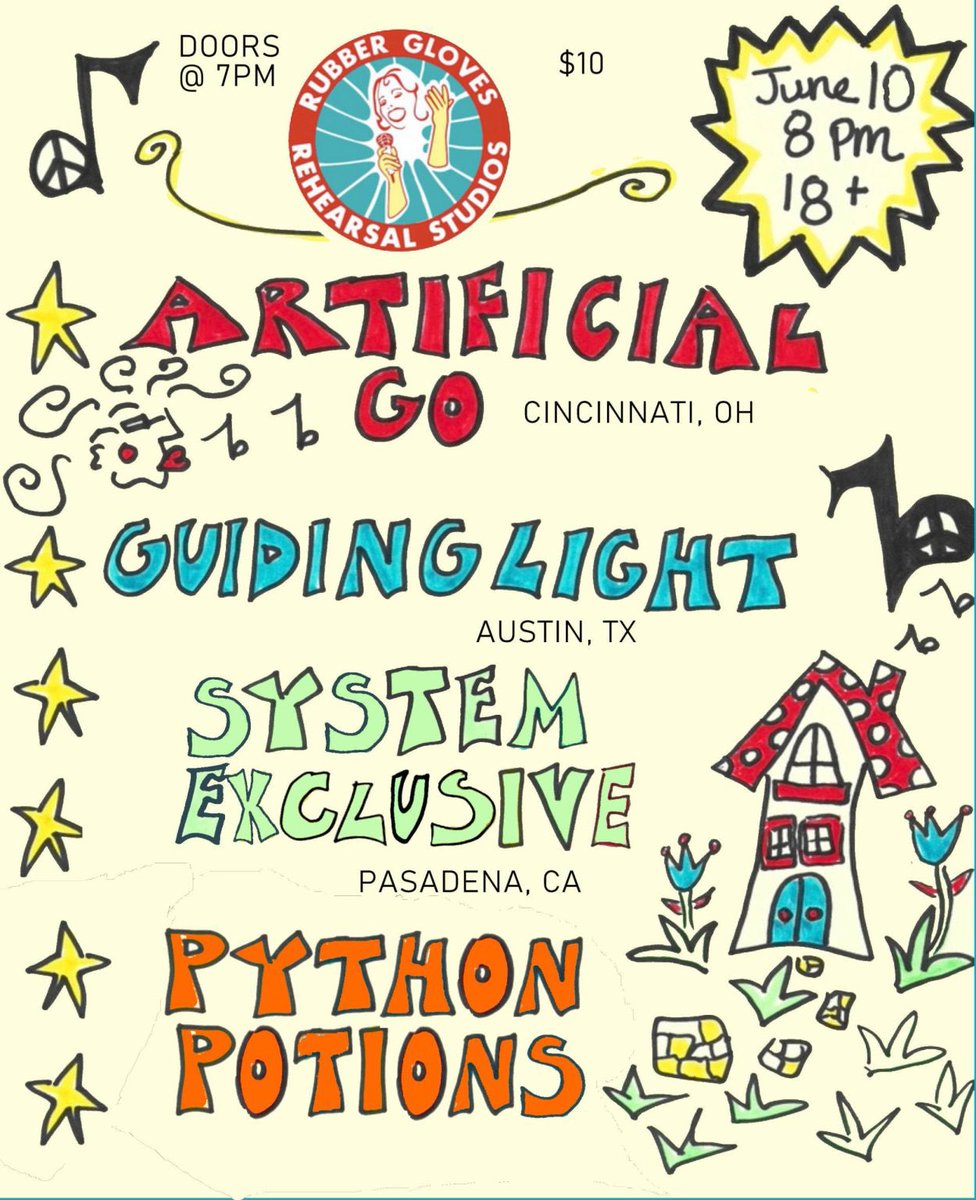 Come to the egg punk rager at <a href="/rgrstx/">Rubber Gloves Rehearsal Studios</a> tonite, my weirdo synth band Python Potions plays last supporting these sickos from Cinci, Pasadena &amp; Austin! Playing the “all new stuff” set again…