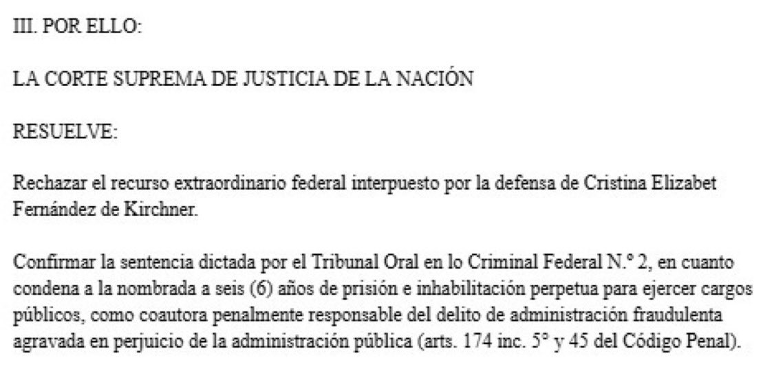 🚨 URGENTE - CRISTINA KIRCHNER PRESA. 

 LA CORTE SUPREMA RECHAZÓ EL PEDIDO DE CFK Y CONFIRMÓ LA CONDENA A 6 AÑOS DE PRISIÓN E INHABILITACIÓN PERPETUA.