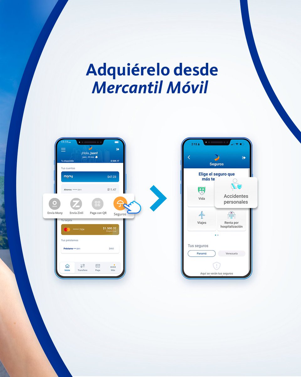 Activa tu protección donde y cuando quieras​
​
Entra en Mercantil Móvil, selecciona “Seguros” y contrata tu seguro de Accidentes Personales.​
​
Porque tu bienestar va primero✅​

Para consultar más información visite el siguiente enlace: link.mercantilseguros.com/MasivosPTY?utm…