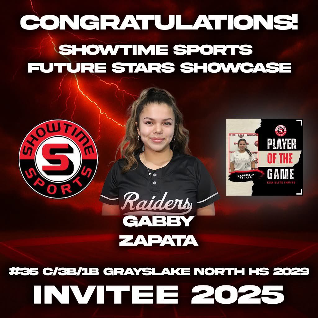 Hey hey hey!  More coolness to share, Gabby Zapata (#35 C/1B/3B Grayslake North HS 2029) has been invited to the Showtime Sports Future Stars Showcase in August, 2025.  REPRESENT!