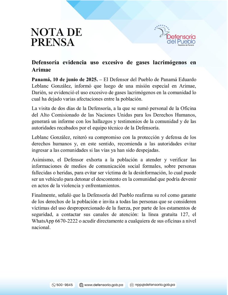 #Nacionales La <a href="/DefensoriaPan/">Defensoría del Pueblo de Panamá🕊</a> informó que se usó excesivamente el gas lacrimógeno en Arimae, Darien.

La misión de la defensoría en Arimae, surge luego de los vídeos publicados en redes sociales la semana pasada.

#ExitosaNoticias