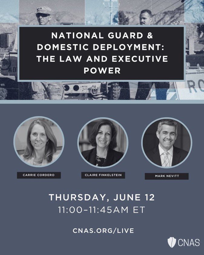 carriecordero's tweet image. Please join us *this Thurs 6/12 11am ET* for a discussion on legal authorities & latest assessment of the use of the military domestically. Register here @CNASdc for the virtual conversation: cnas.org/events/legal-f…