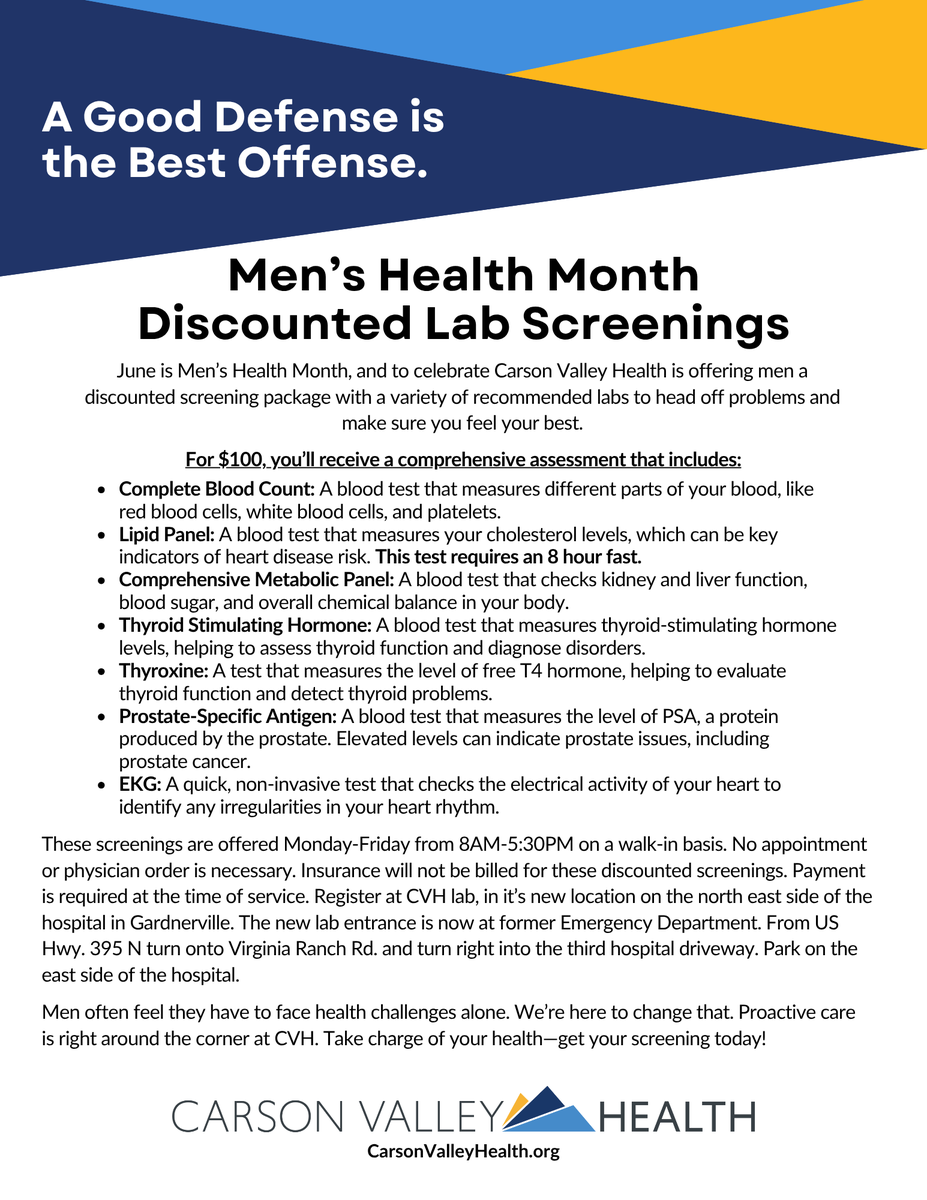 For Men’s Health Month, CVH is offering affordable walk-in lab screenings, covering everything from prostate health to thyroid function. Register at newly relocated lab (North East side of the hospital, formally the Emergency Department). Learn more: ecs.page.link/RBjQc