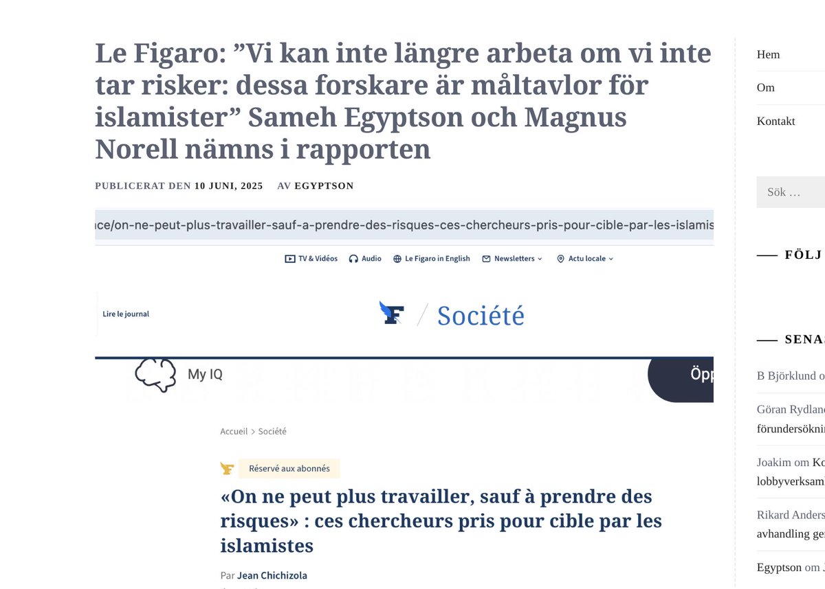”Vi kan inte längre arbeta om vi inte tar risker: dessa forskare är måltavlor för islamister” 
Den franska kända tidningen Le Figaro 25-06-09 rapporterar om hur islamistforskare är utsatta för smutskastning och hatkampanjer. I Sverige nämns forskaren Sameh Egyptson och Magnus