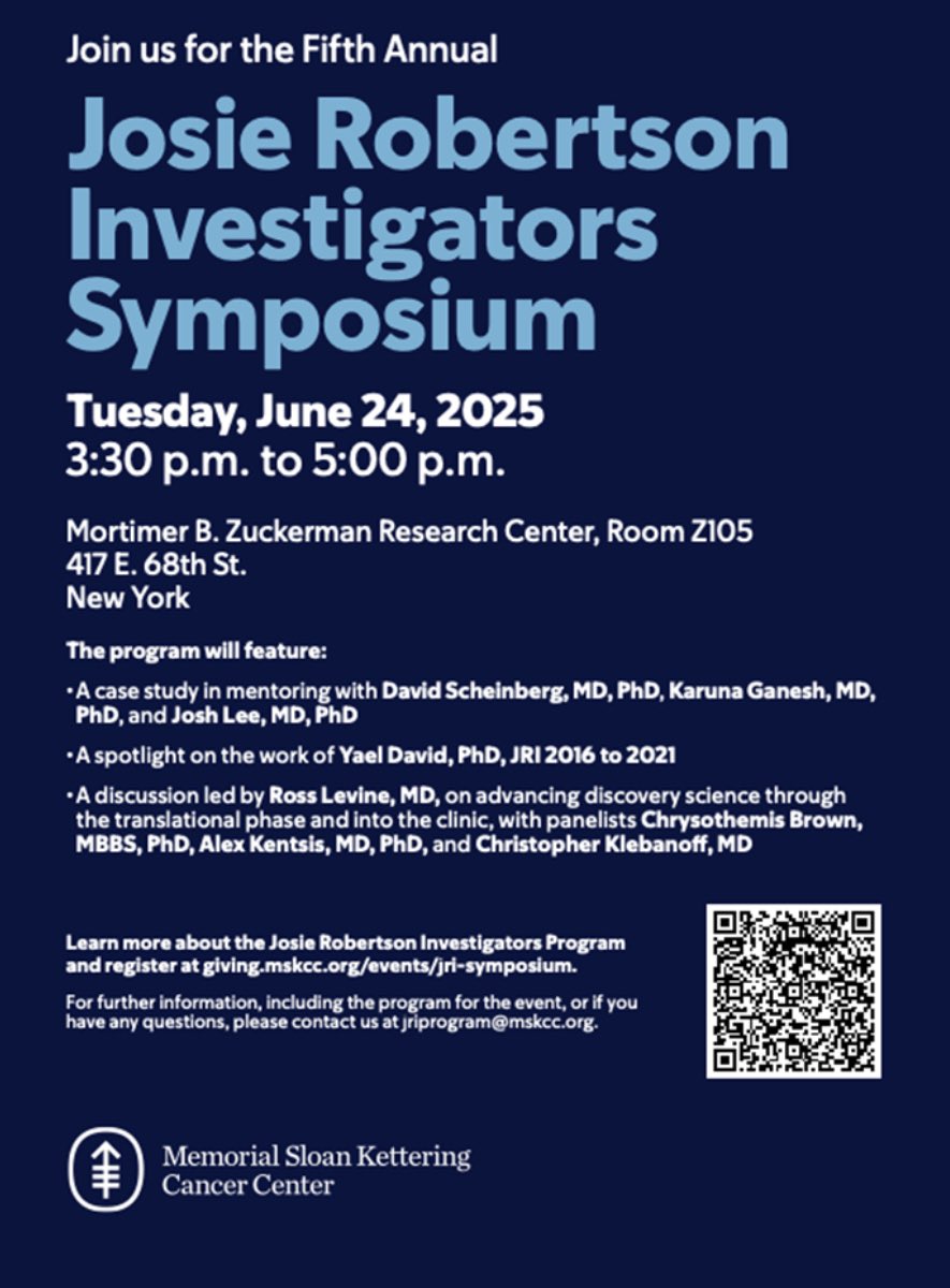 Yael_David__'s tweet image. Excited for the MSK-only JRI Symposium, now featuring a trainee section focused on mentorship & translating research from lab to clinic.
Honored to give the alumni spotlight talk & deeply grateful to the Robertson Foundation for believing in me when I was just starting out🫶🏻
