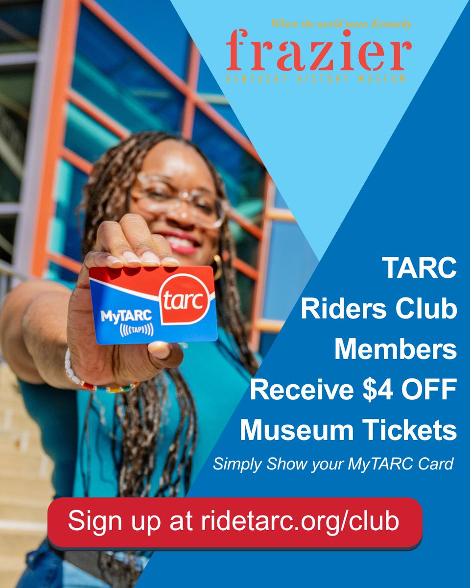 🏛️ Frazier History Museum
Take $4 OFF general admission at the Frazier Museum!
📍Official starting point of the Kentucky Bourbon Trail
🎟️ Show your MyTARC Card
🗺️ Plan your trip using your favorite map app—just tap the 🚍 button to see routes, bus arrival times, and directions.