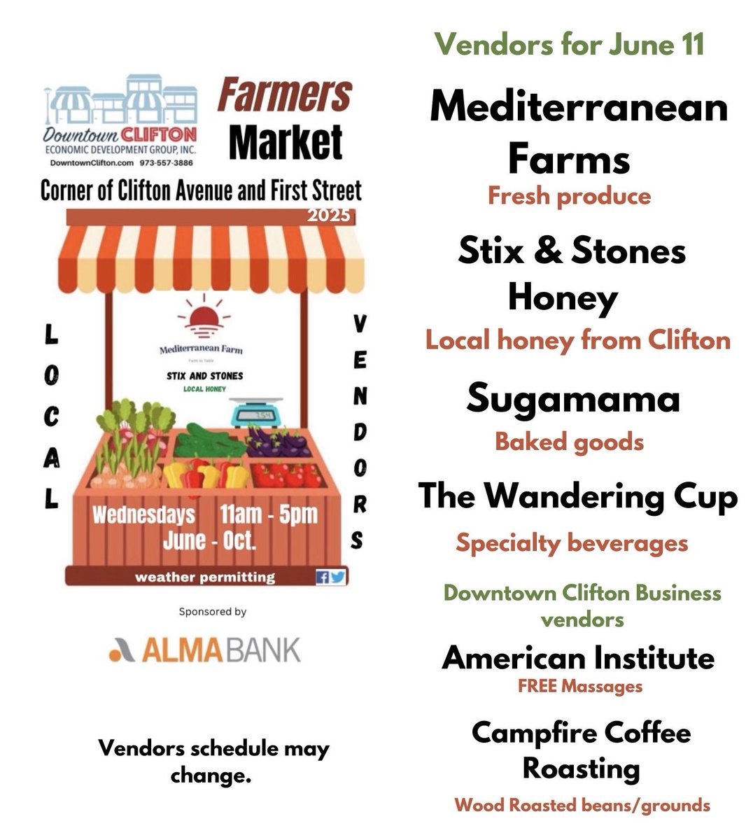 downtownclifton's tweet photo. Check out this weeks lineup for the Downtown Clifton farmers market on 6/11. https://t.co/O67YrmbofT