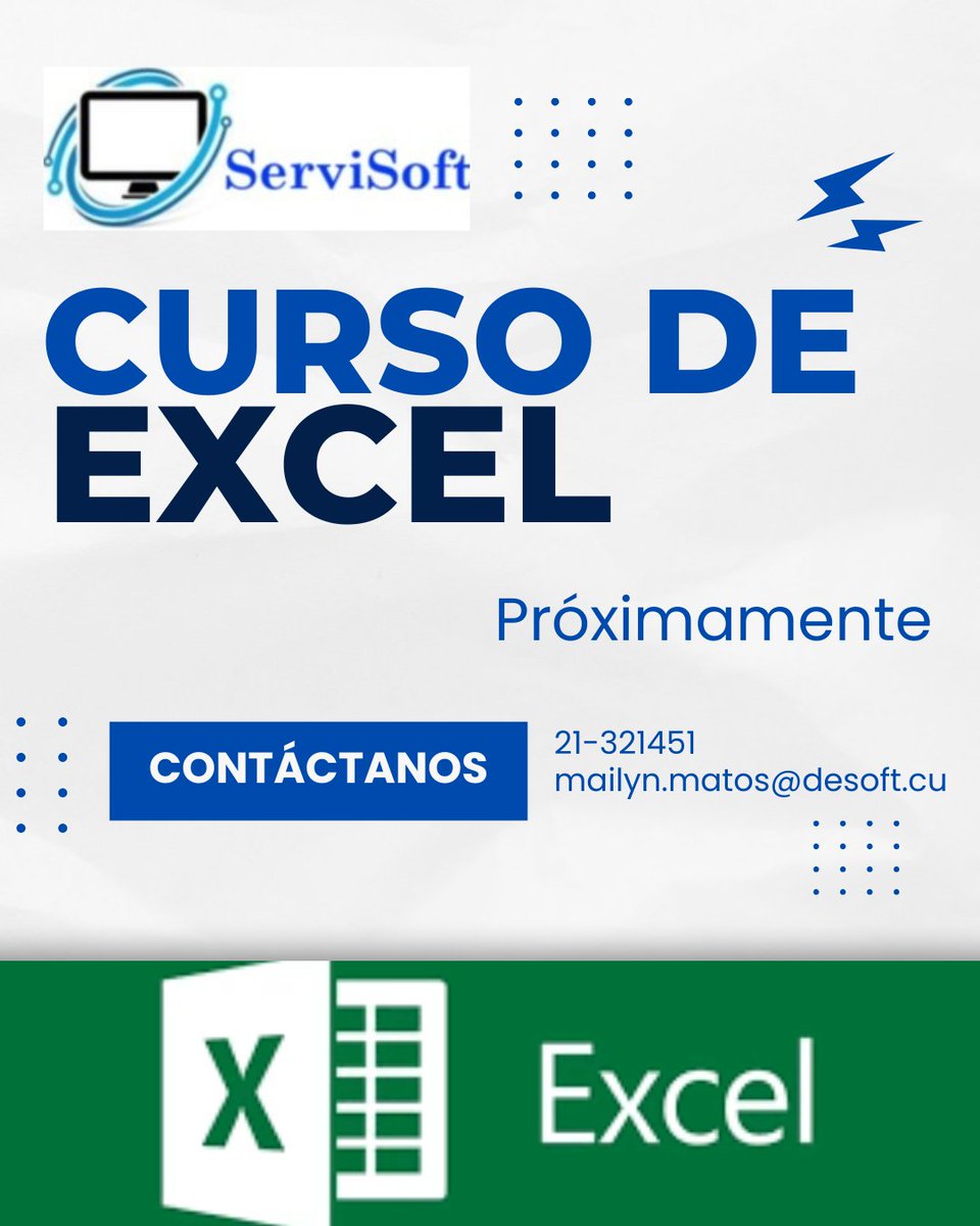 Atención!!

ServiSoft SURL estará ofertando próximamente un Curso de la herramienta Excel. Todos los interesados, pueden escribir a través del correo mailyn.matos@desoft.cu o llamar al 21-321451 para más información. También puedes visitarnos en Paseo esquina Beneficencia.